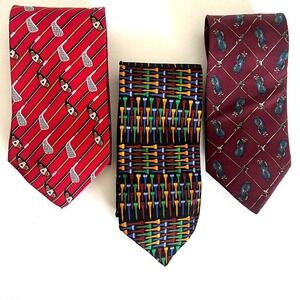 Lot of 3 Mens Golf Themed 100% Silk Ties Neckties Made in USA Novelty Print‎